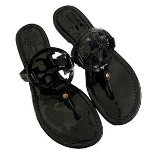 Tory Burch Logo Black Patent Leather Miller Thong Sandal